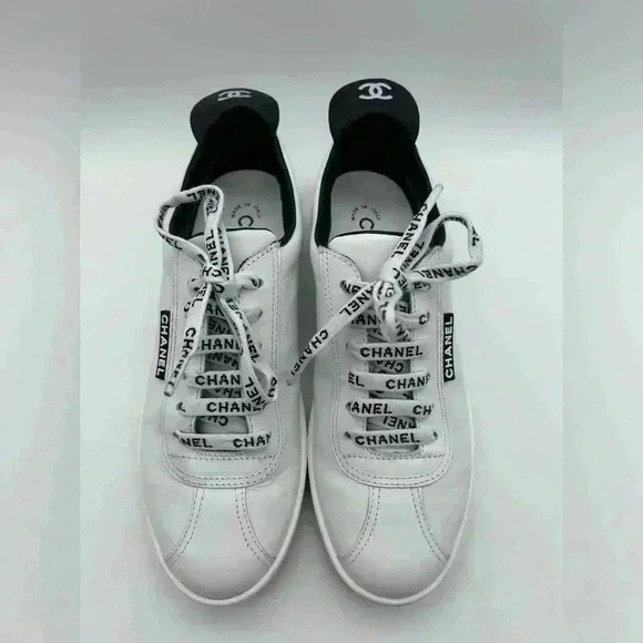 Chanel White Leather Casual Sneakers: Women's Size 36.5 Logo Laces CC - Picture 3 of 13